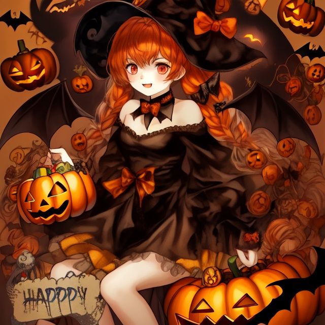  Best quality, 8k, cg,1girl,Halloween,jack-o'-lantern,bat,Happy Halloween