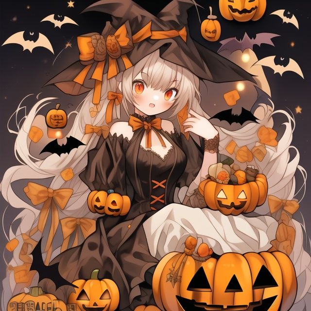  Best quality, 8k, cg,1girl,jack-o'-lantern,bat,