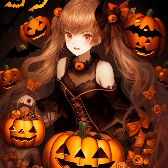 Best quality, 8k, cg,1girl,Halloween,jack-o'-lantern,bat,