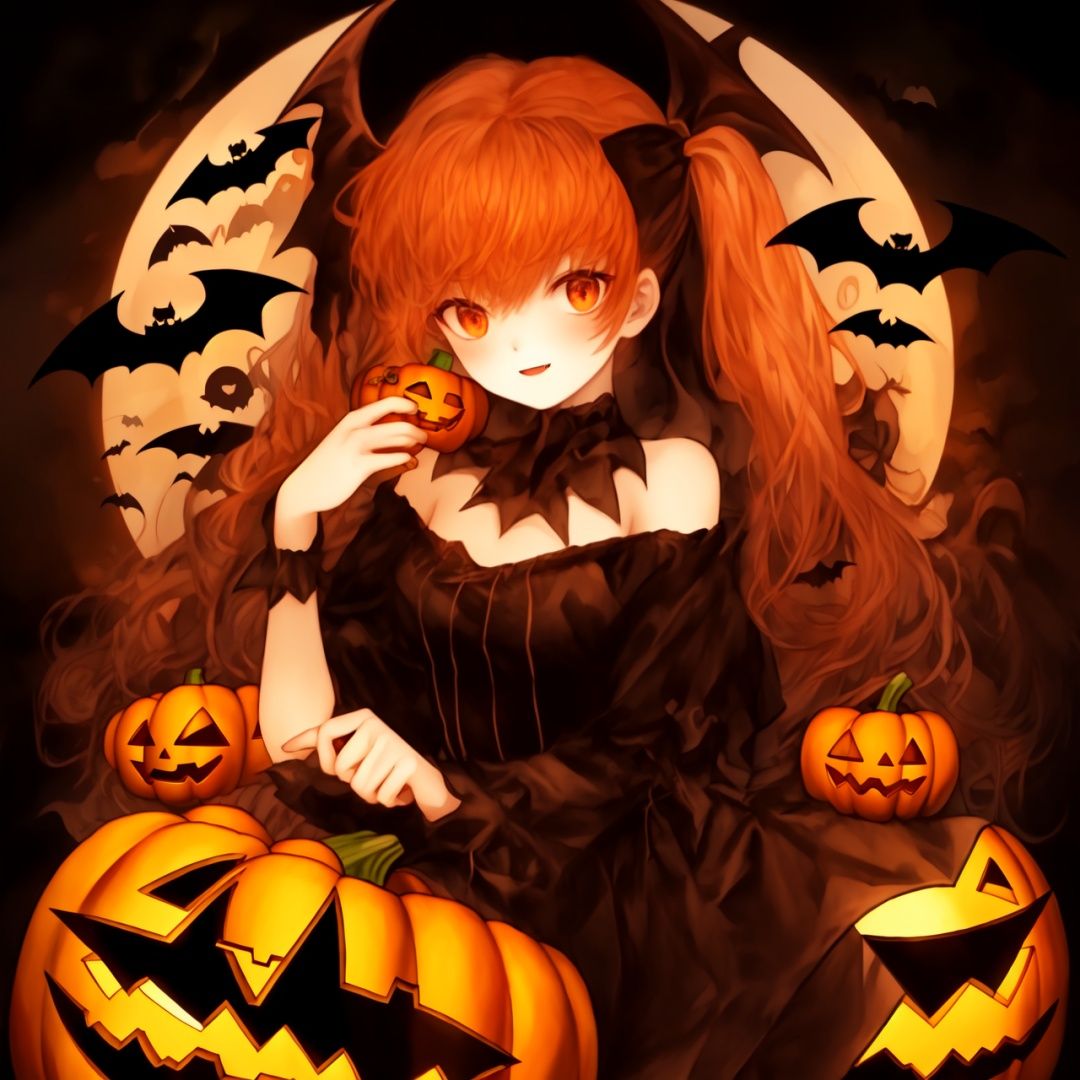  Best quality, 8k, cg,1girl,jack-o'-lantern,bat,