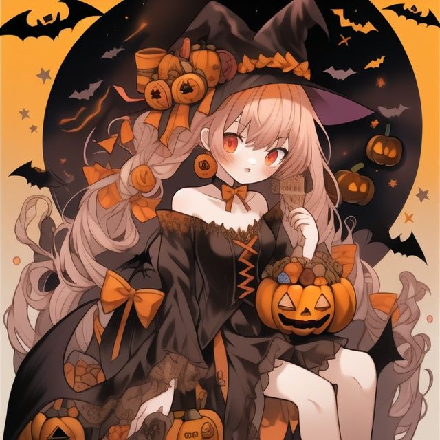 Best quality, 8k, cg,1girl,Halloween,jack-o'-lantern,bat,