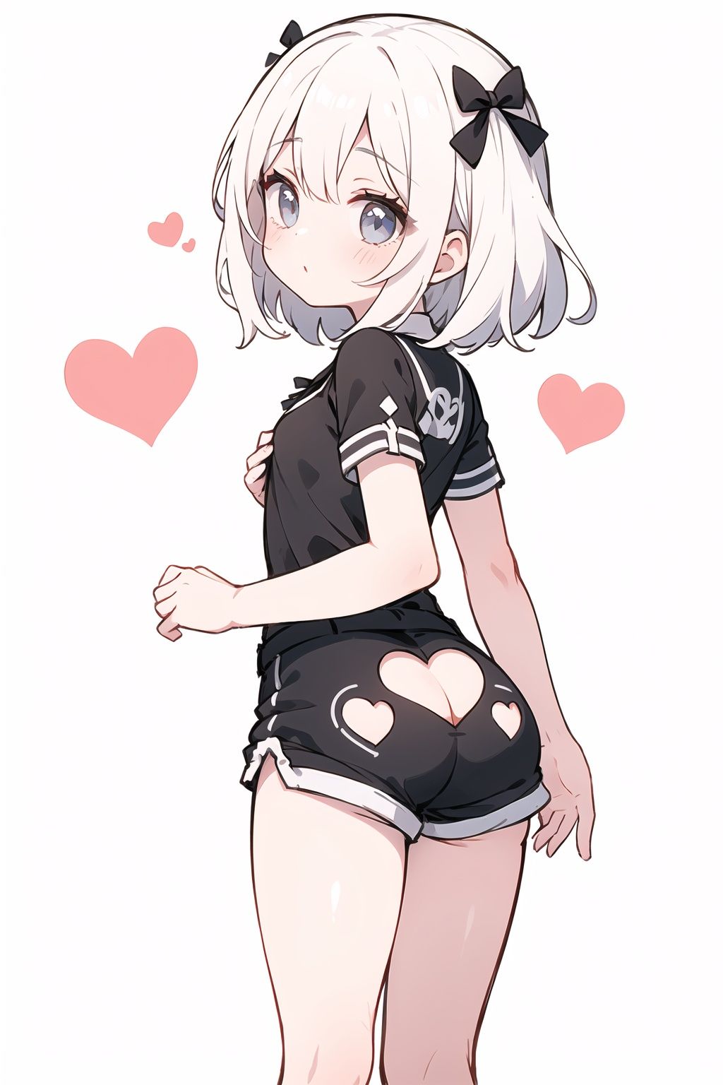 white hair, small breasts, loli, 1girl, solo, from behind, ass cutout, heart cutout,  black shorts,