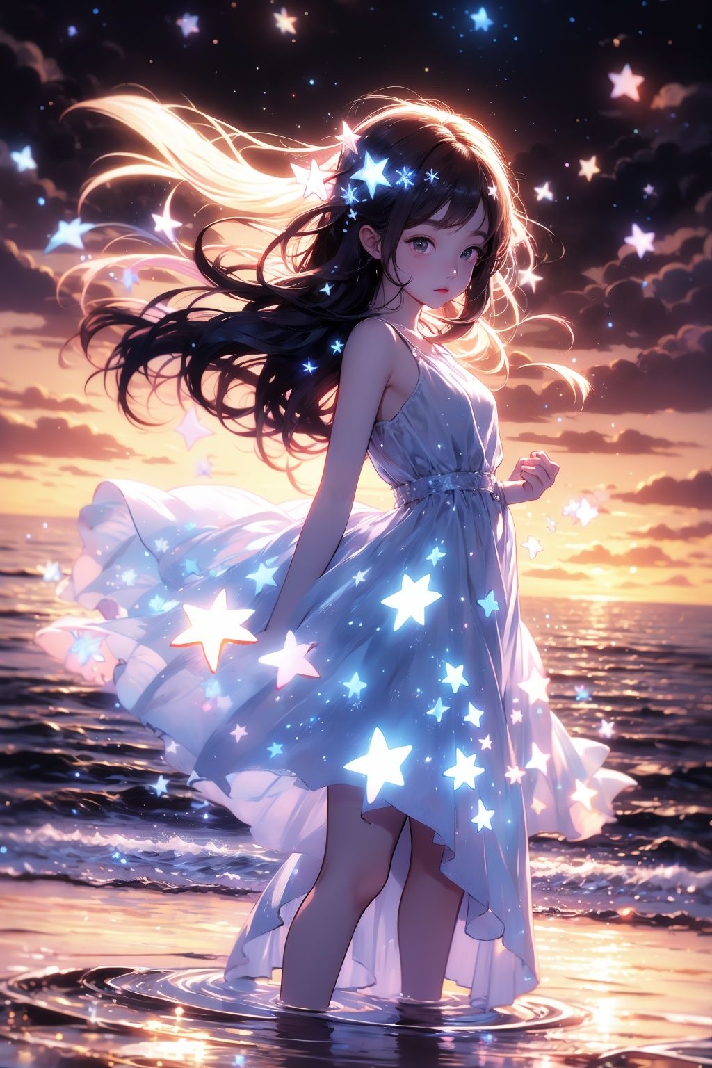 xcdd, 1girl, solo, long hair, dress, wading, star \(symbol\), backlighting, water, sky, glowing, standing, sunset, hair ornament, white dress, star hair ornament, bangs, star \(sky\), skirt hold, bare shoulders, ocean, outdoors, from side, light particles, floating hair<lora:xcdd:1>