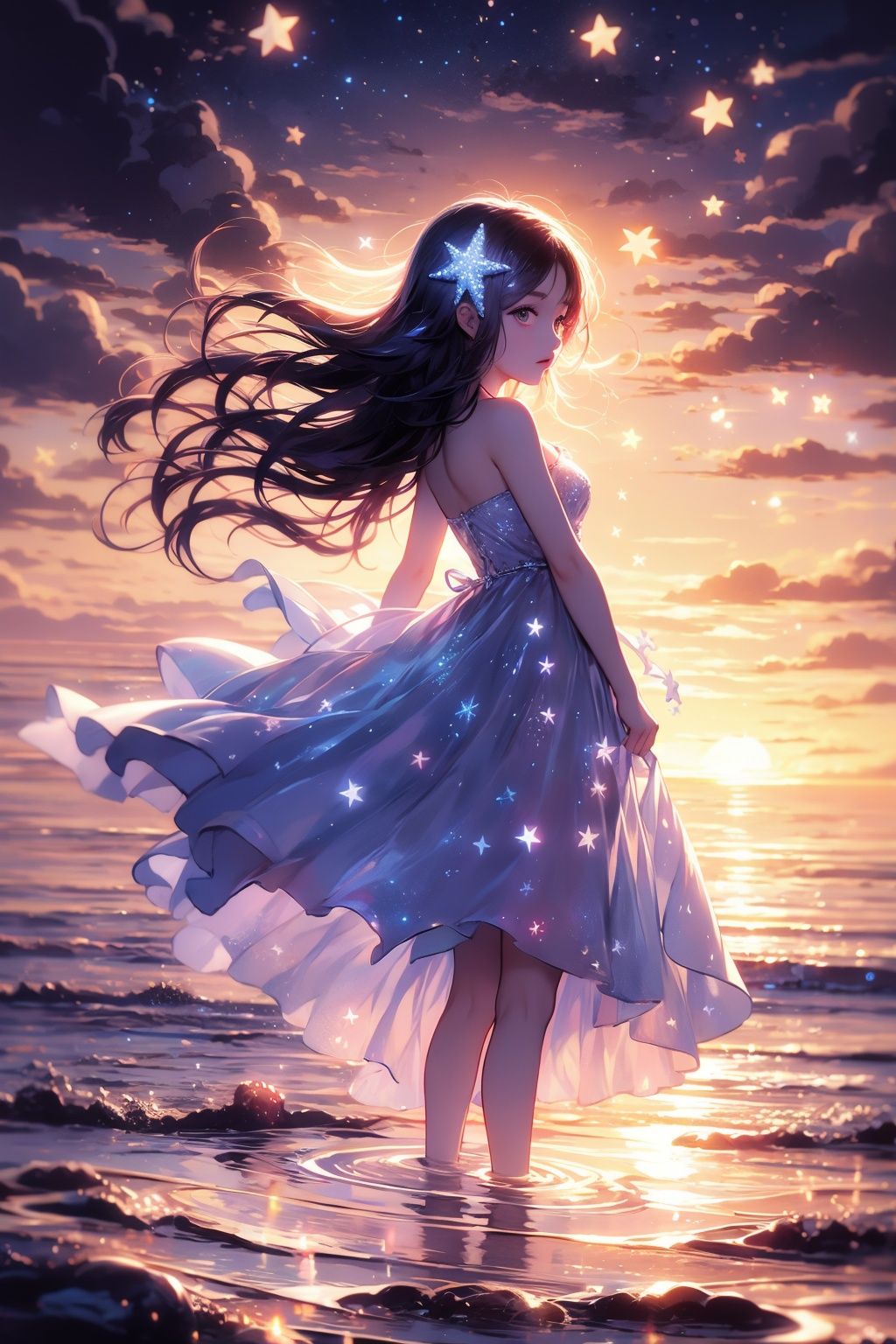 xcdd, 1girl, solo, long hair, dress, wading, star \(symbol\), backlighting, water, sky, glowing, standing, sunset, hair ornament, white dress, star hair ornament, bangs, star \(sky\), skirt hold, bare shoulders, ocean, outdoors, from side, light particles, floating hair<lora:xcdd:1>