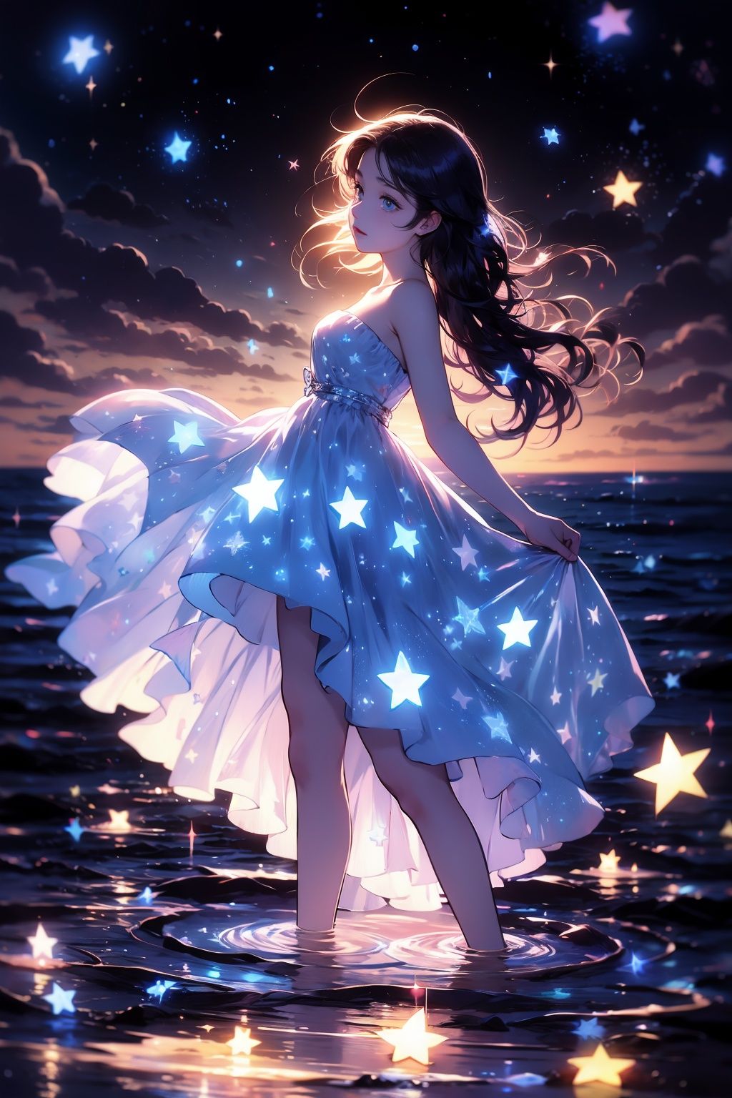 xcdd, 1girl, solo, dress, wading, star \(symbol\), long hair, skirt hold, water, white dress, bare shoulders, sky, night, glowing, blue eyes, standing, profile, bare arms, sparkle, strapless, braid, star \(sky\), strapless dress, from side, outdoors, night sky, looking away <lora:xcdd:1>