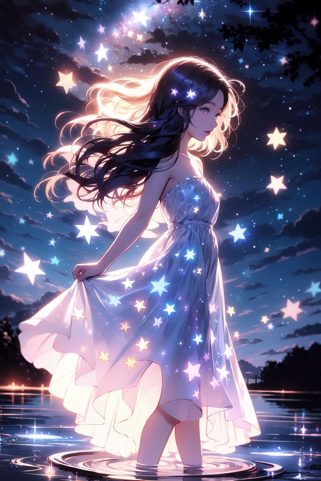 xcdd, 1girl, solo, dress, wading, star \(symbol\), long hair, skirt hold, water, white dress, bare shoulders, sky, night, glowing, blue eyes, standing, profile, bare arms, sparkle, strapless, braid, star \(sky\), strapless dress, from side, outdoors, night sky, looking away <lora:xcdd:1>