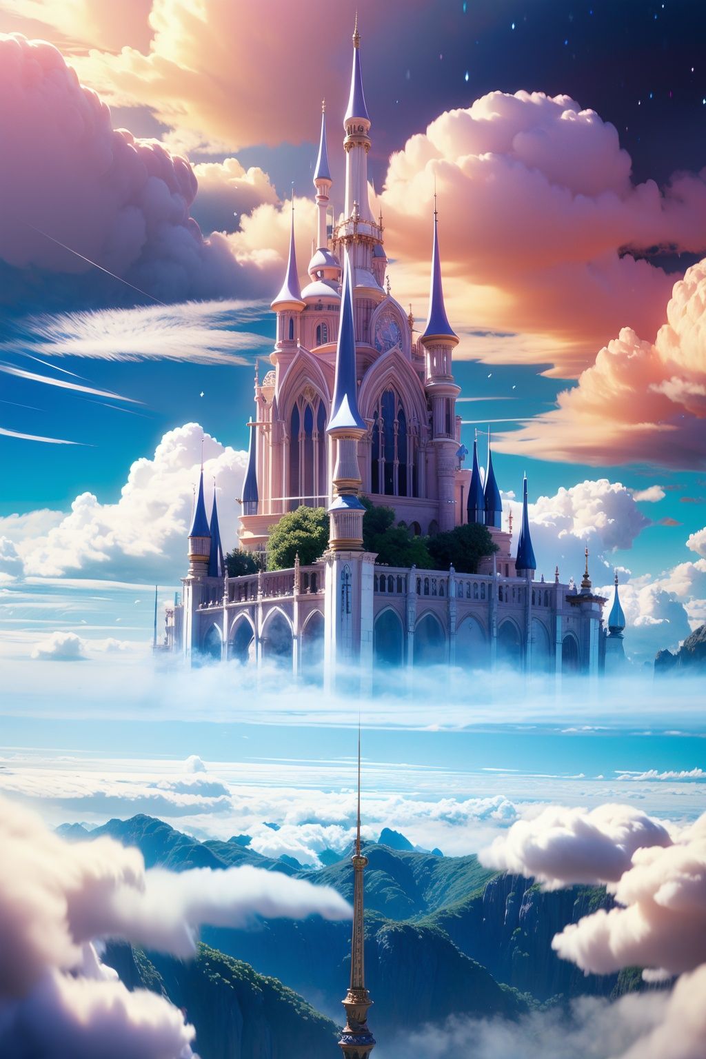 <lora:mhxy:1>mhxy, cloud, scenery, no humans, sky, fantasy, above clouds, outdoors, cloudy sky, castle, city