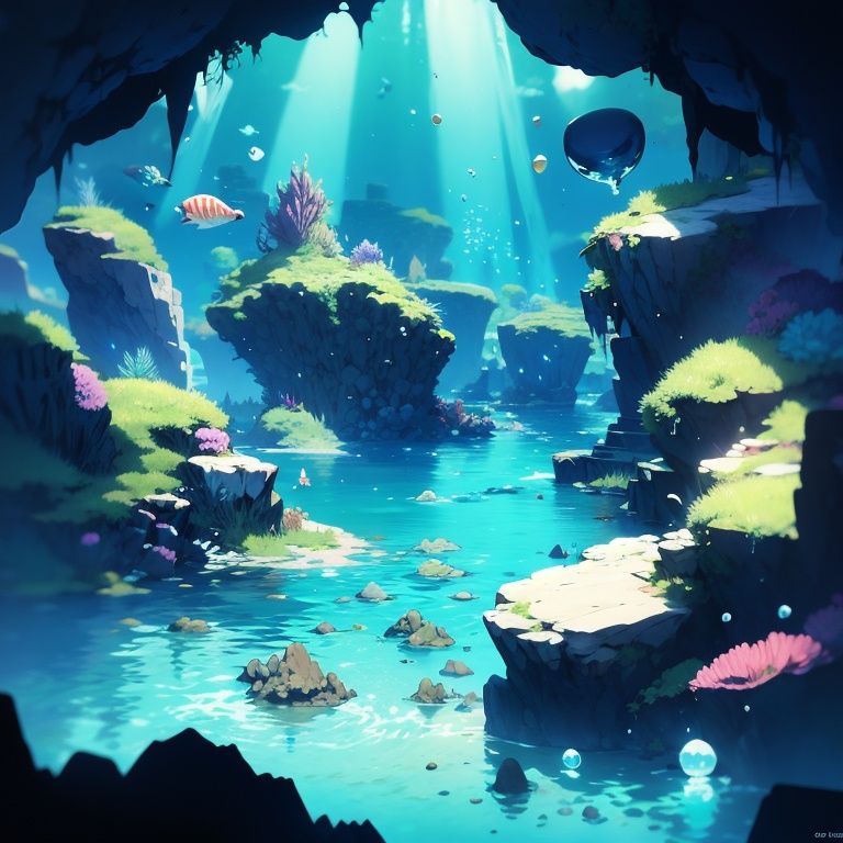 <lora:yltyxsj:1>yltyxsj, air_bubble, blue_theme, bubble, caustics, cave, crystal, glowing, light_particles, ocean, rock, scenery, underwater, water