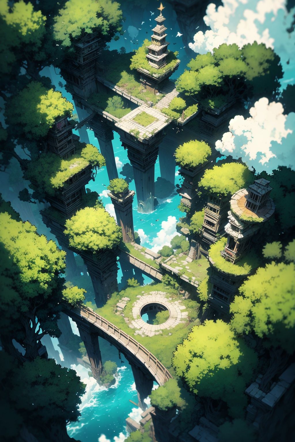 <lora:yltyxsj:1>yltyxcj, scenery, no humans, ruins, water, blue theme, stairs, tree, nature, forest, bridge, column, crystal,  glowing, cave, rock, stone, light particles,((masterpiece)), (((best quality))), ((ultra-detailed)), (Amazing:1.1), beautiful, nature, sky and ground, heavy wind, windsweeped, line cloud,Light shoot from the cloud, in a lush remote folige jungle with jungle wildlife and fauna, award winning photo, BLN-L24, Exposure,High Contrast,Low Saturation,High Saturation 8k 3D, F 2.8 lens, Aerial View, Cinematic lighting,Booscapes,Clouds,Real, 