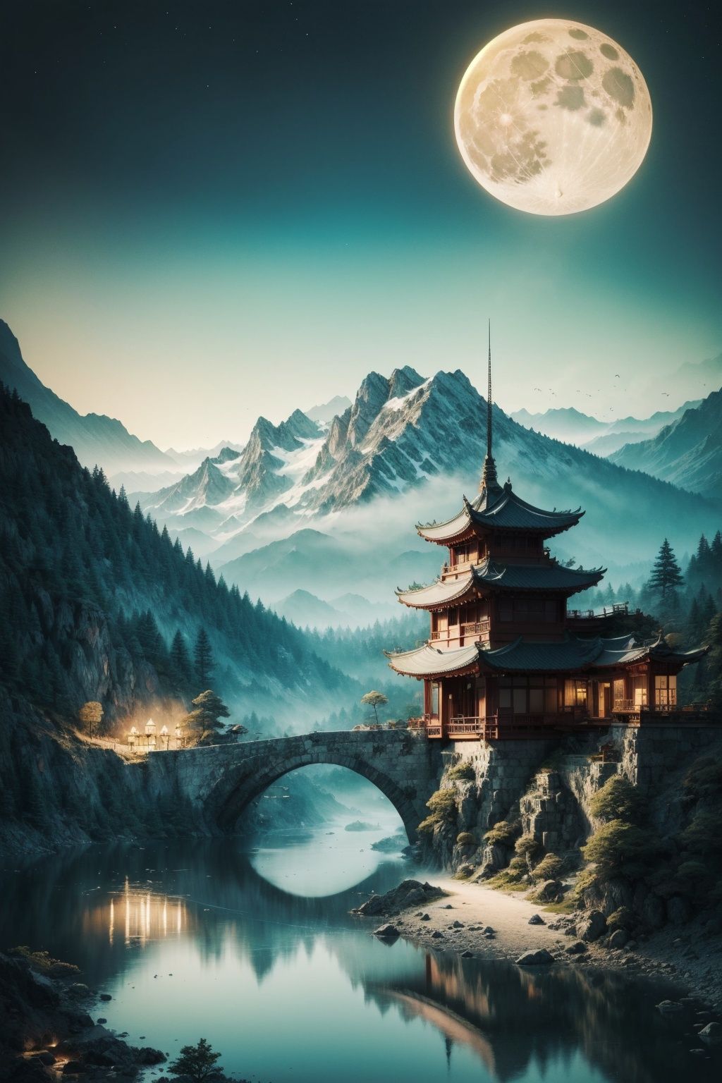 gfsqm, tree, no humans, scenery, mountain,BJ_Ancient_city,outdoors,sky,water,tree,no_humans,night,moon,building,scenery,full_moon,reflection,lantern,stairs,mountain,architecture,bridge,east_asian_architecture,pagoda,cinematic lighting,strong contrast,high level of detail,Best quality,masterpiece,