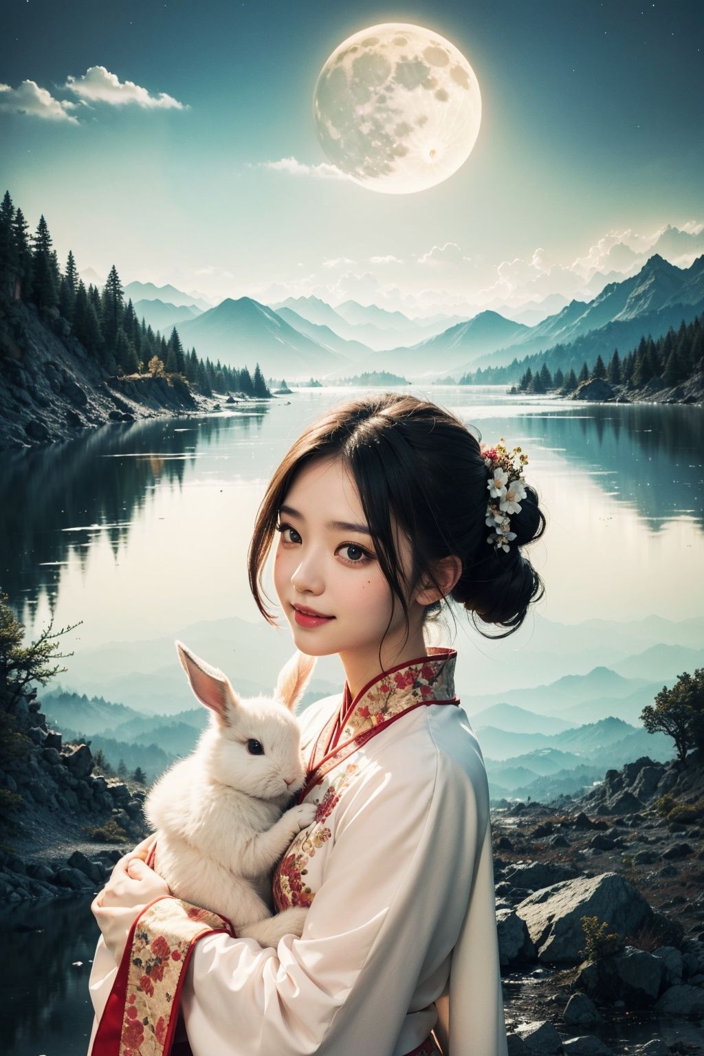 (gfsqm), tree,snow, scenery, mountain,outdoors, sky, 1girl, moon, hair ornament, full moon, cloud, sky,night, chinese clothes, solo, smile, wide sleeves, night sky, long sleeves, flower, hug, hair flower, petals, child, blush, parted lips, black hair, rabbit, cloudy sky, forehead mark, black eyes, facial mark, updo, artist name, animal hug, hanfu, hair bun, female child, holding, outdoors, short hair, sleeves past wrists