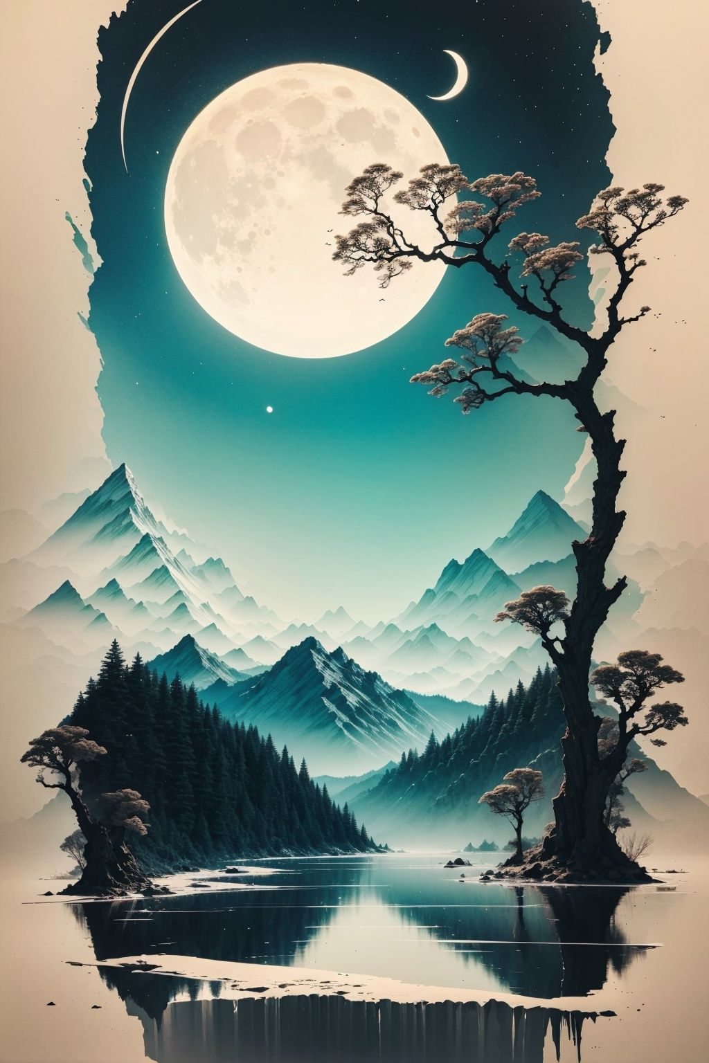 gfsqm, tree, no humans, scenery, mountain,silhouette,branch, tree, bird, moon, sky, no humans, rabbit, rabbit ears, star \(sky\), full moon, sun, solo