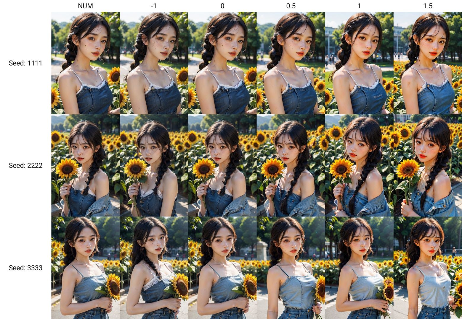 <lora:bhdtz:NUM>1girl, solo, flower, black hair, looking at viewer, braid, blurry background, blurry, denim, mole, long hair, freckles, holding, parted lips, black eyes, bouquet, lips, outdoors, camisole, sunflower, hair over shoulder