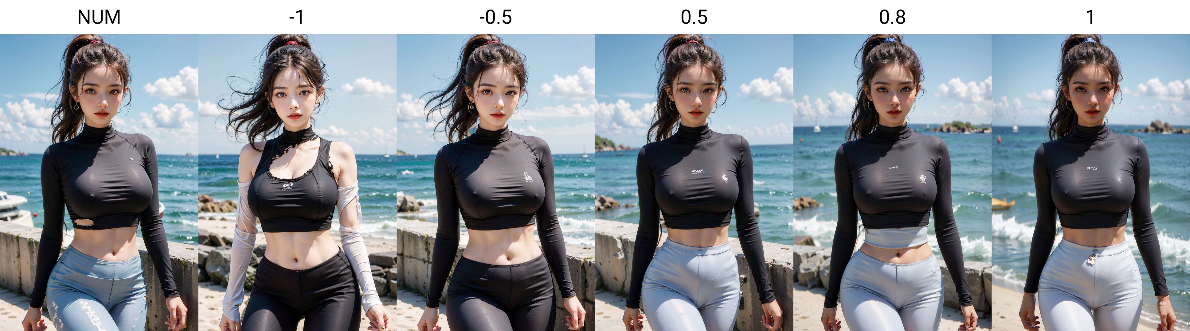 <lora:lora_majicMIXrealistic+0.01.fp16-majicMIXrealistic+0.0.fp16:NUM>1girl, solo, leggings, midriff, navel, sports top, outdoors, looking at viewer, reality, breasts, ocean, standing, ponytail, water, long sleeves, daytime, brown hair, earring, jewelry, beach, Big breasts, lips, blue eyes, parted lips, blur, arm support, black hair, red lips, torn clothes, blurry background, thighs, thighs, makeup, big breasts, big breasts