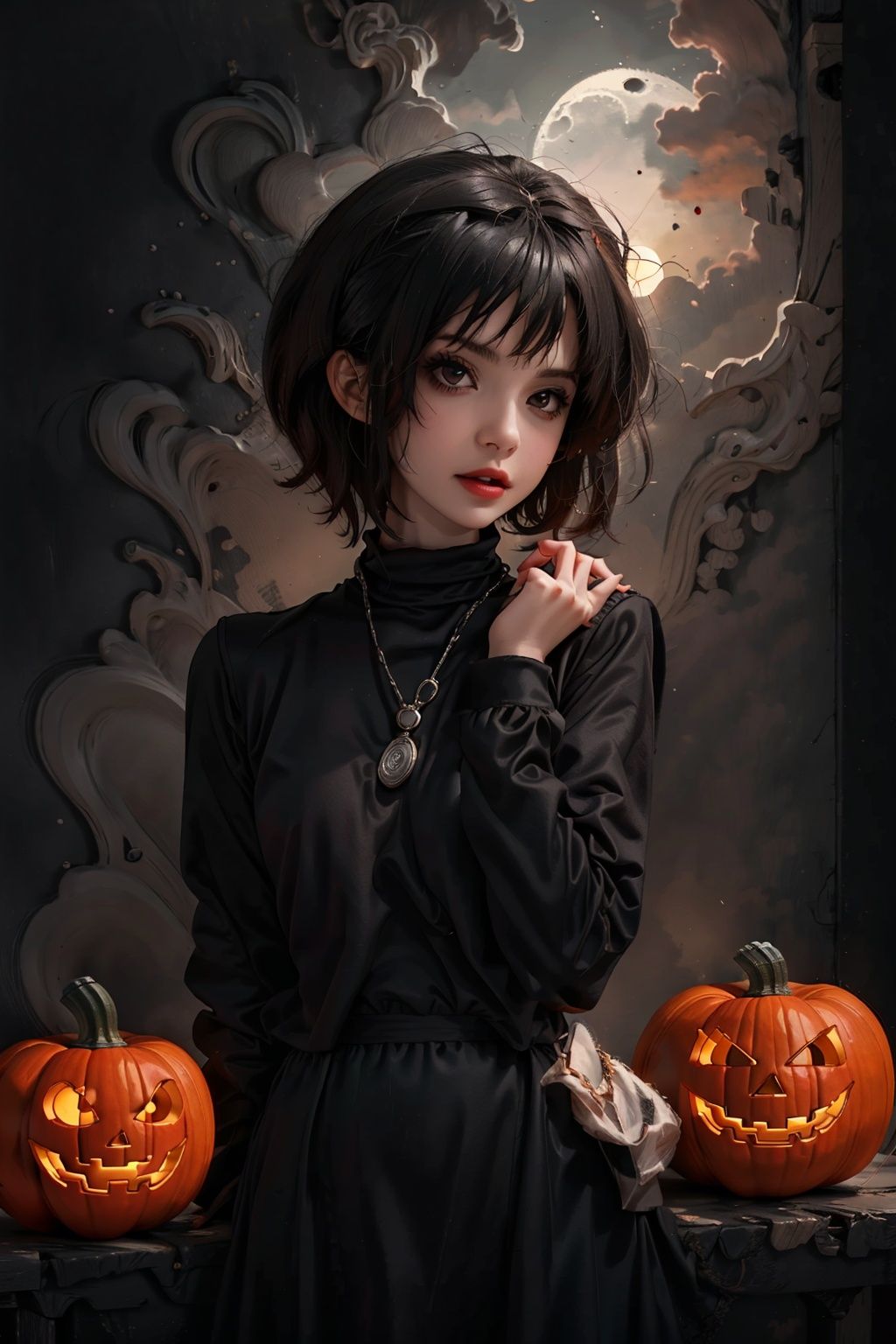  1girl, solo, black hair,Pumpkin lantern, Tombstone, Fence, Moonlight, looking at viewer, short hair, parted lips, red lips, upper body, blue background, black eyes, lips, shirt, teeth, sweater, turtleneck, bangs, simple background, black shirt, makeup, lipstick, UHD, anatomically correct, ccurate, textured skin, 16k