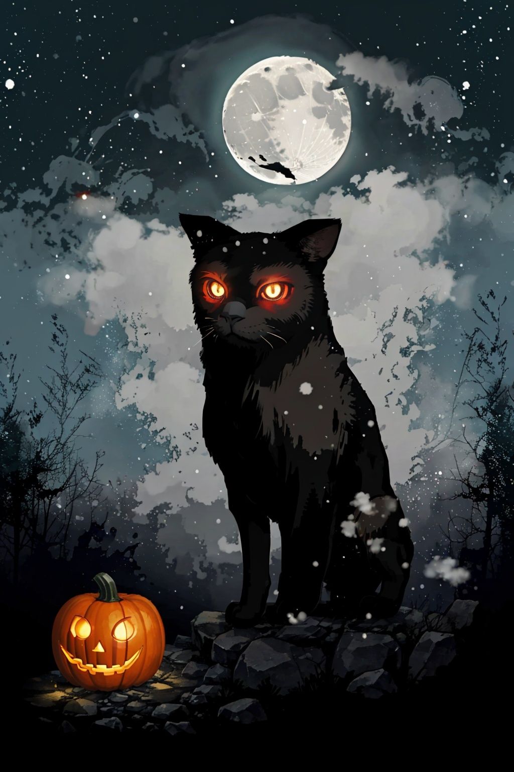 space, star \(sky\), starry sky, night, night sky, milky way, shooting star, galaxy, sky, aurora, glowing, light particles, glowing eyes, snowing, starry sky print, starry background, moon, red eyes, earth \(planet\),Pumpkin lantern, Tombstone, Fence, Moonlight