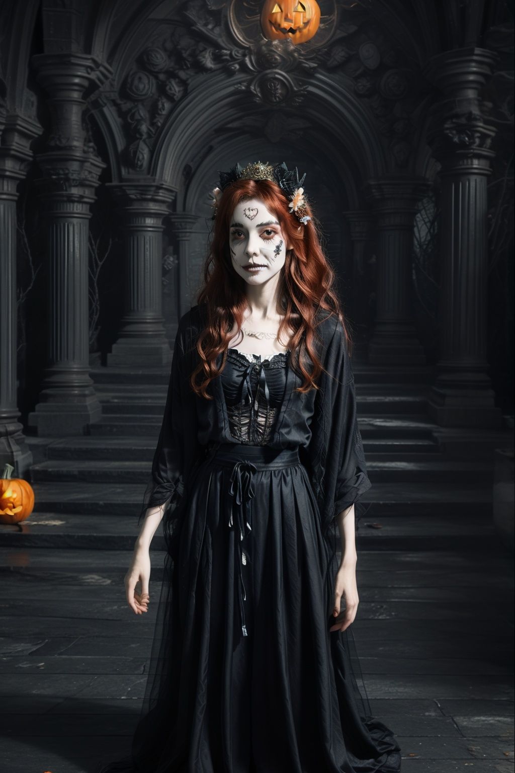  Highest image quality, masterpiece, exquisite CG, antique girl with red hair with white transparent horns on her head, blooming exquisite and complex hair accessories, wearing exquisite and gorgeous, {{{black and red robe}}}, black vertical striped skirt, highlight, withered petals, stunning and charming, perfect Ultra Clear, 16k, fallen angel, halloween, black wings, bat, castle, spider web, tombstone, dark, jack-o-lantern, multiple exposures