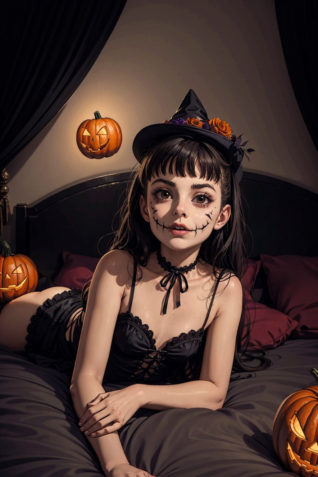  Halloween, a beautiful and lovely little girl, lying by the bed, surrounded by many cute little ghosts
