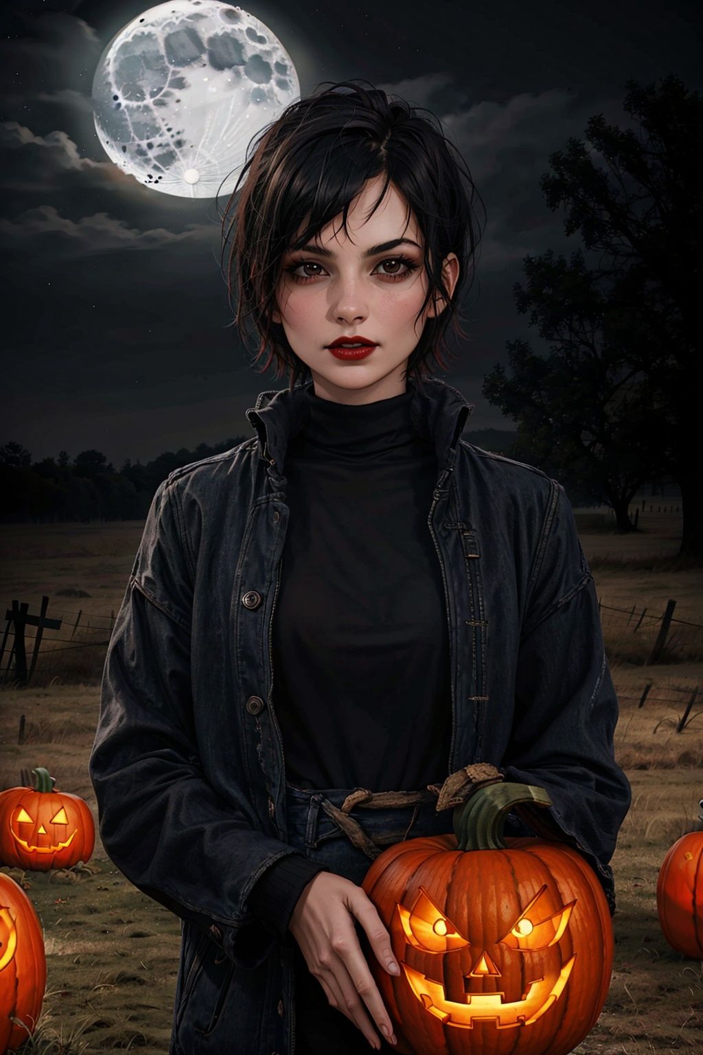  1girl, solo, black hair,Pumpkin lantern, Tombstone, Fence, Moonlight, looking at viewer, short hair, parted lips, red lips, upper body, blue background, black eyes, lips, shirt, teeth, sweater, turtleneck, bangs, simple background, black shirt, makeup, lipstick, UHD, anatomically correct, ccurate, textured skin, 16k