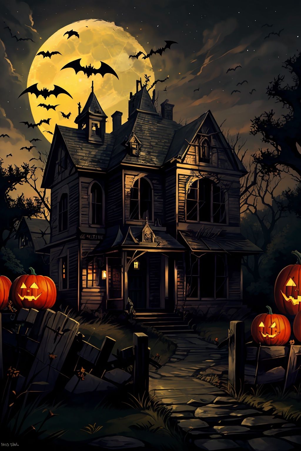  tree,Fence,tombstone,monster,Bats,full moon,Pumpkin lantern