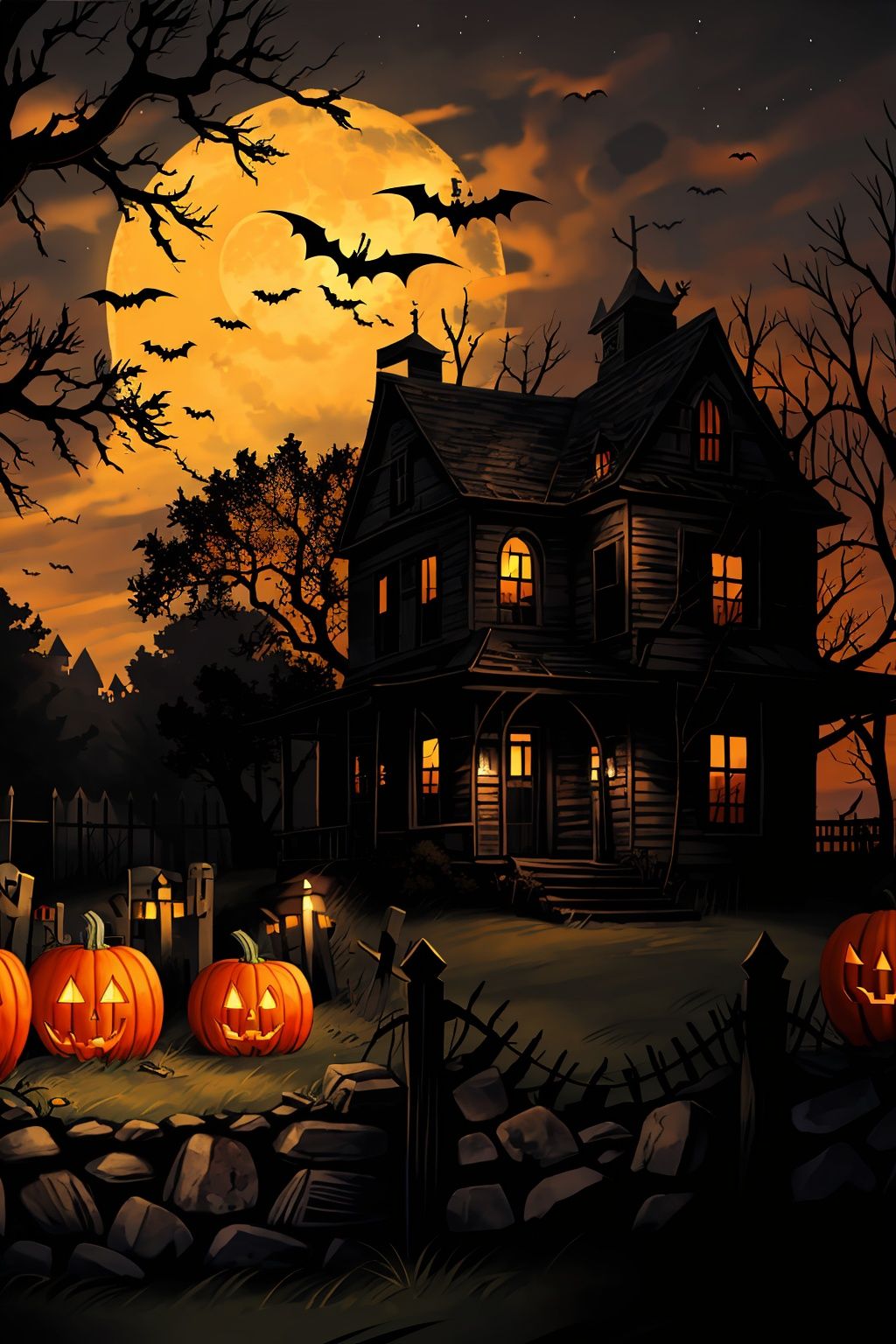  tree,Fence,tombstone,monster,Bats,full moon,Pumpkin lantern