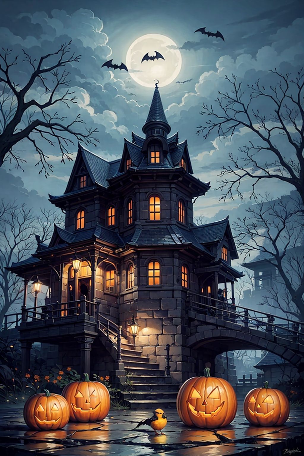  Halloween, a boy,bird, bat, musical note, architecture, bare tree, flock, tree, animal, bridge, scenery, east asian architecture, glowing, outdoors, silhouette, eighth note
