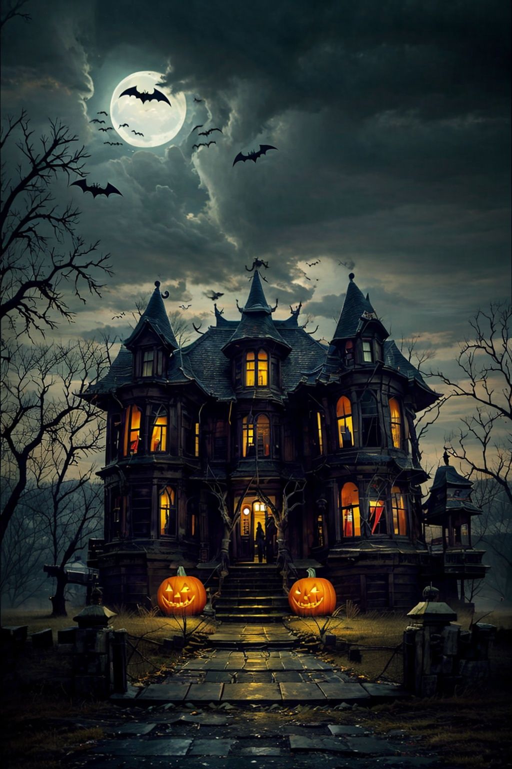  Halloween,（a boy：1.2） ,bird, bat, musical note, architecture, bare tree, flock, tree, animal, bridge, scenery, east asian architecture, glowing, outdoors, silhouette, eighth note