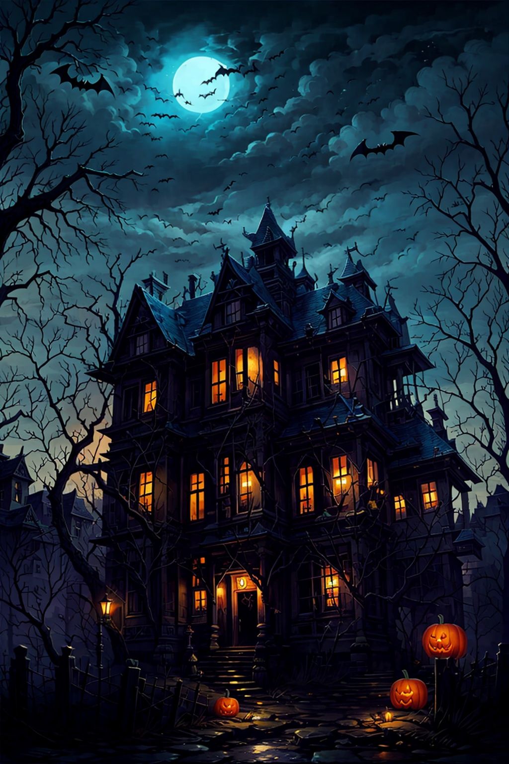  Halloween, a boy,bird, bat, musical note, architecture, bare tree, flock, tree, animal, bridge, scenery, east asian architecture, glowing, outdoors, silhouette, eighth note