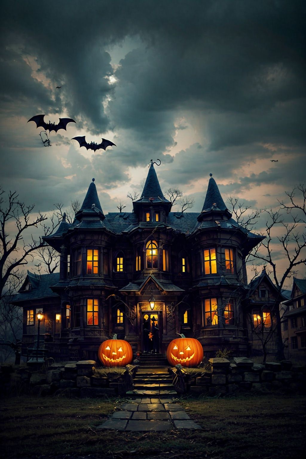  Halloween, a boy,bird, bat, musical note, architecture, bare tree, flock, tree, animal, bridge, scenery, east asian architecture, glowing, outdoors, silhouette, eighth note