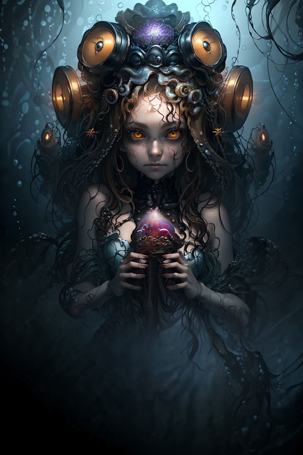  best quality,Amazing,Beautiful golden eyes,finely detail,Depth of field,extremely detailed CG unity 8k wallpaper,(1 girl :1.5),Deep sea background,jellyfish,masterpiece,fluttered detailed splashs, beautiful detailed water,cosmic eyes,Shock sensation,(realistic :0.5),octopus,original, 
, new_blue_b