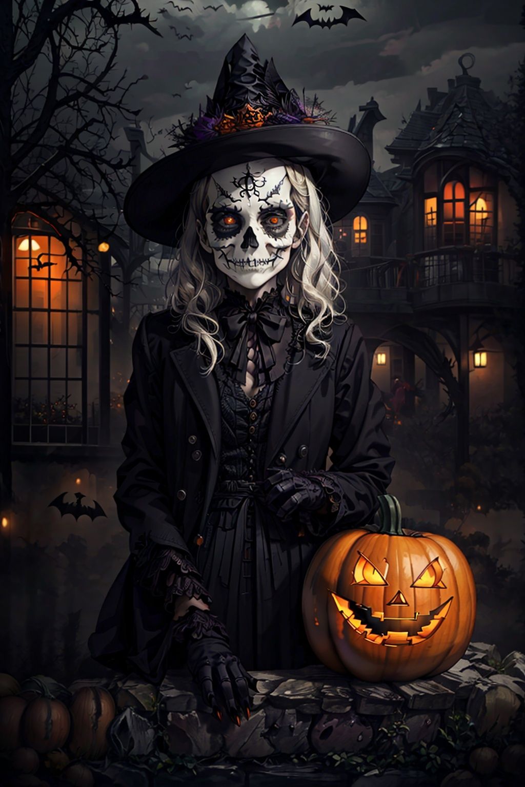  (((masterpiece))), ((extremely detailed CG unity 8k wallpaper)), best quality, high resolution illustration, Amazing, highres, intricate detail, (best illumination, best shadow, an extremely delicate and beautiful),

NYCuteHalloween, cat, black cat, no humans, halloween, jack-o'-lantern, happy halloween, bat (animal), wings, orange background, pumpkin, animal focus, looking at viewer, animal, green eyes, bat wings, star (symbol), :3, ghost, halloween style