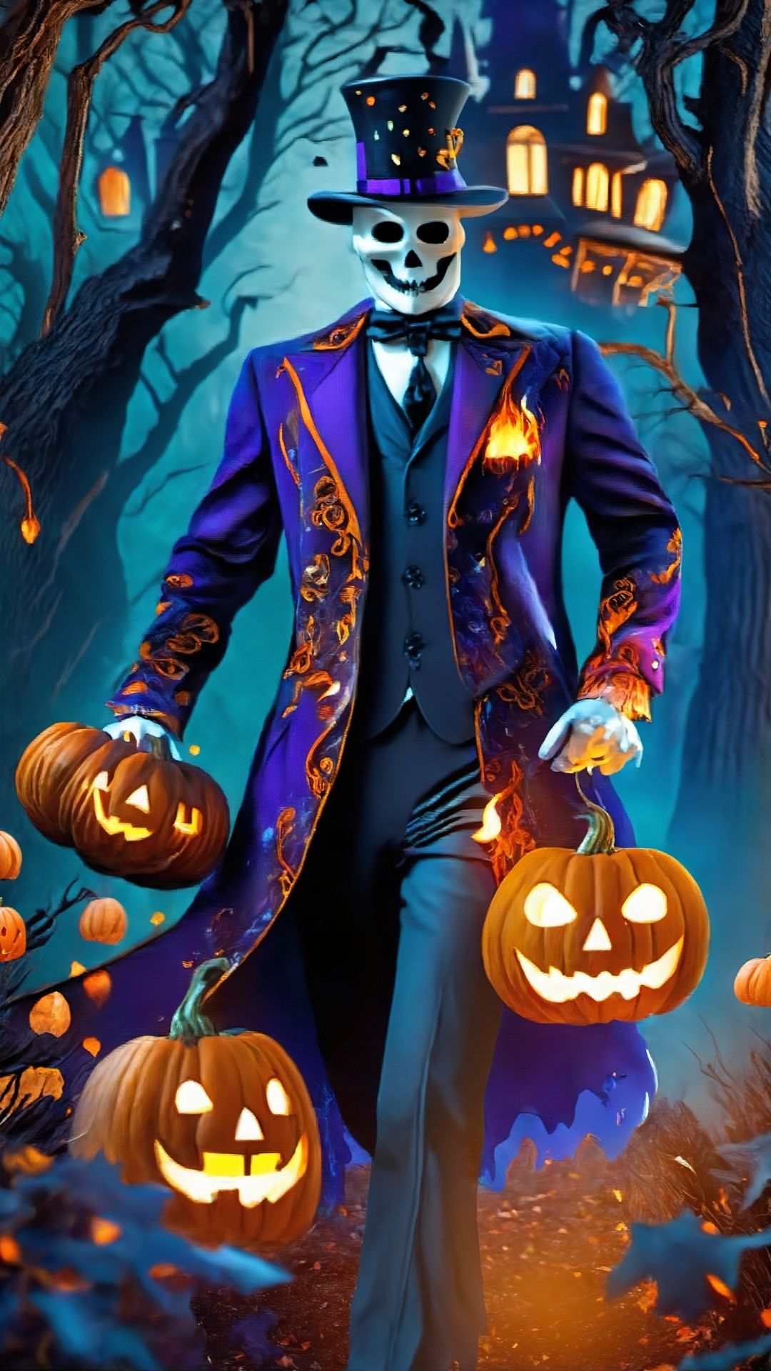 (Halloween elements) (European and American fantasy style) (Advanced colors) (Intricate details) On this mysterious Halloween night, a gentleman appears in the scene and travels through the forest. Clothes with pumpkin heads and ghost shapes are full of holiday fantasy. He was holding candy in one hand and burning with fire in the other.