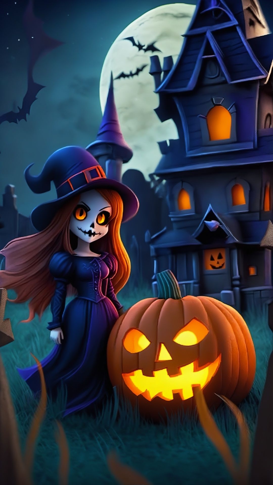  halloween elements concept, tombstone, night, moon, halloween, pumpkin, 1girl, jack-o'-lantern, long hair, outdoors, grass, castle, tree, sky