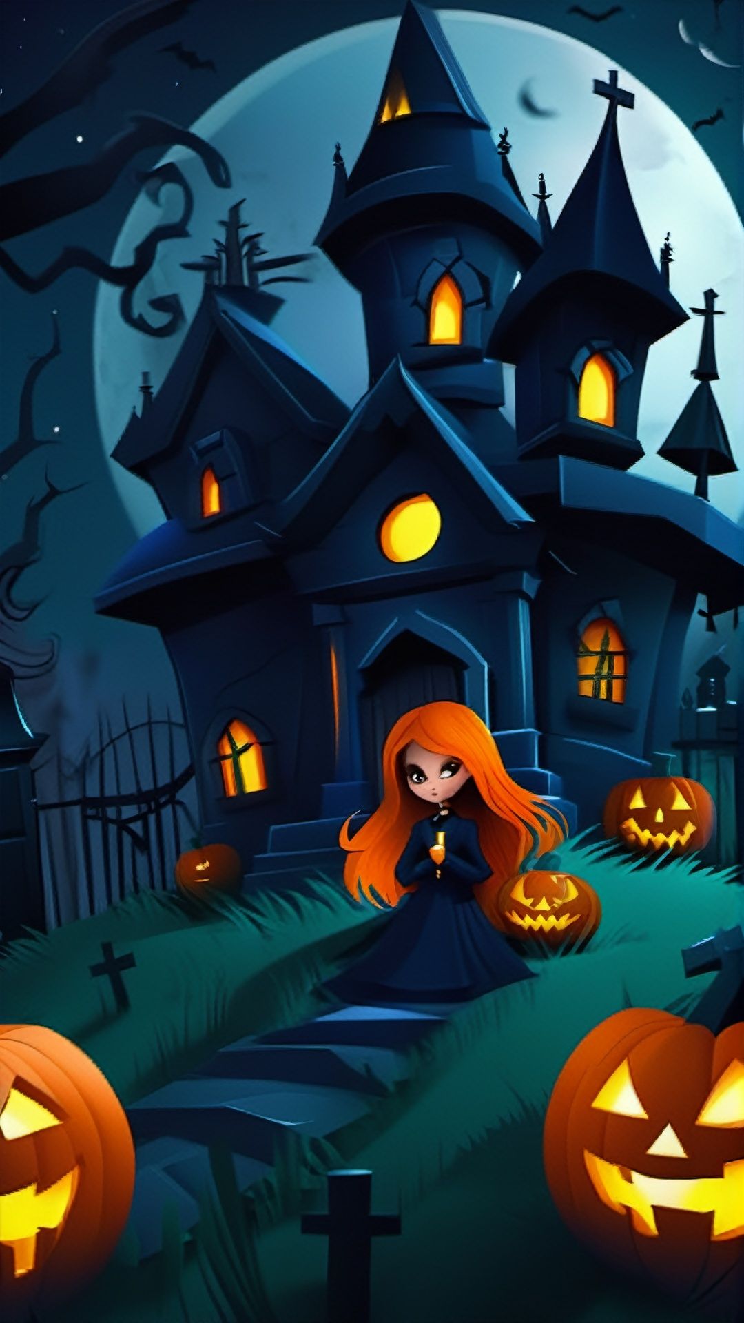 halloween elements concept, tombstone, night, moon, halloween, pumpkin, 1girl, jack-o'-lantern, long hair, outdoors, grass, castle, tree, sky