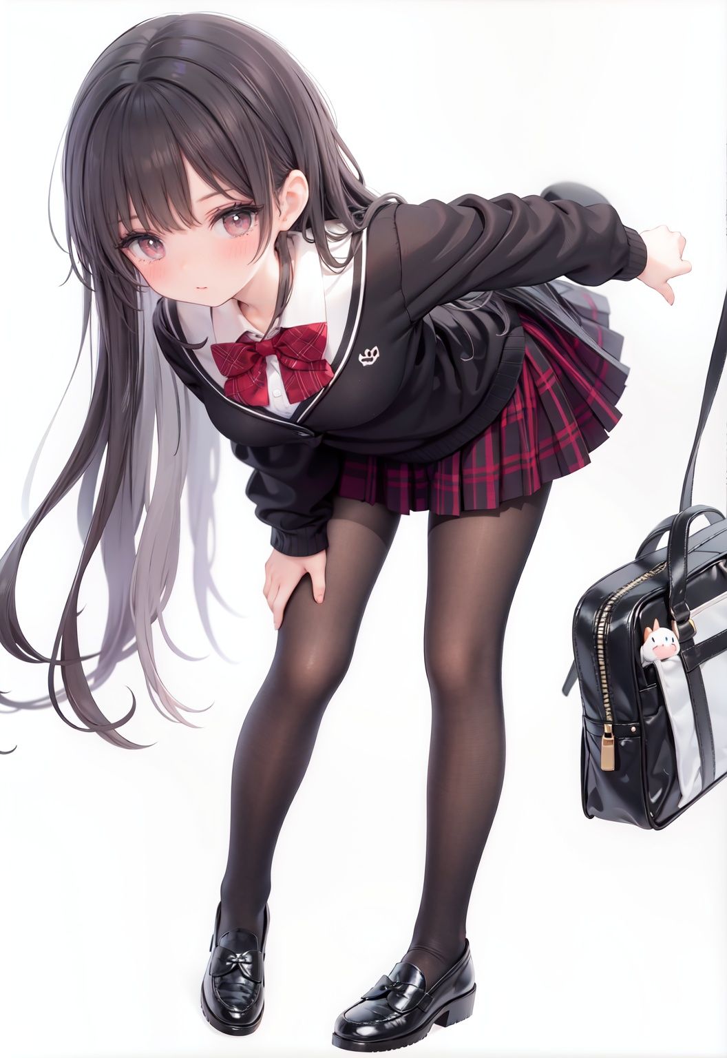  1girl, solo, pantyhose, skirt, long hair, loafers, shoes, simple background, school uniform, brown eyes, plaid, black pantyhose, plaid skirt, looking at viewer, black hair, pantyhose pull, full body, clothes pull, black footwear, pleated skirt, leaning forward, bangs, long sleeves, bent over, cardigan, bow, bowtie, standing, closed mouth, pulled by self, grey background, blush, miniskirt, red bow, sweater, **********
