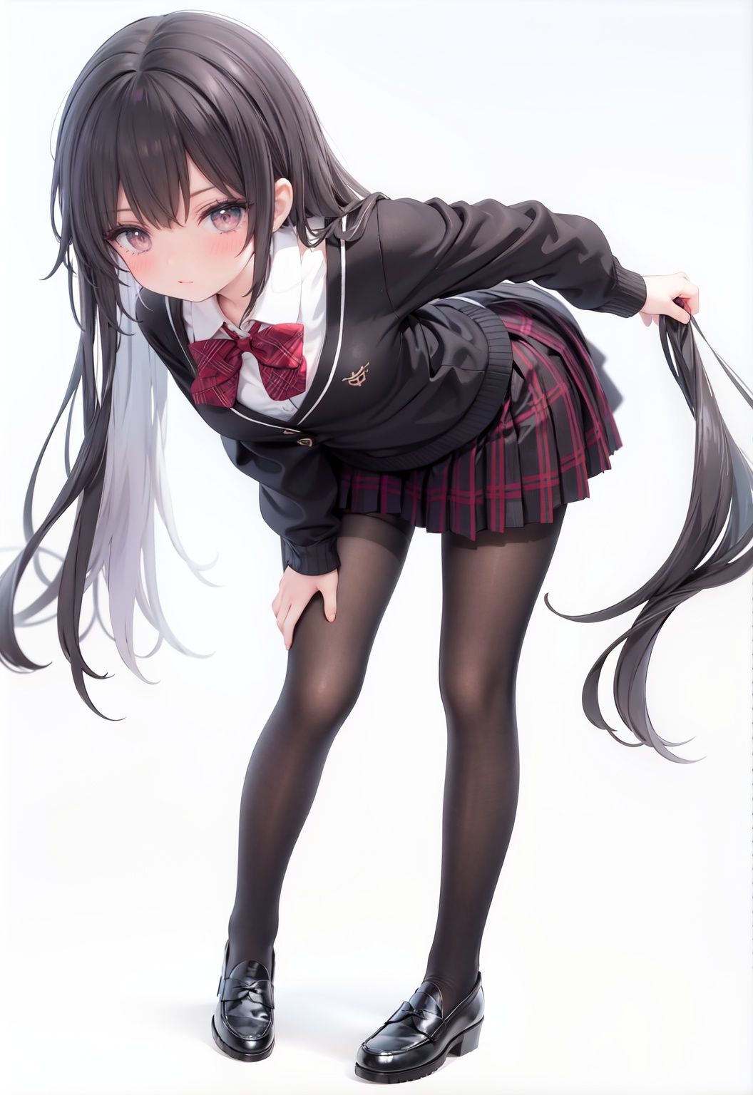  1girl, solo, pantyhose, skirt, long hair, loafers, shoes, simple background, school uniform, brown eyes, plaid, black pantyhose, plaid skirt, looking at viewer, black hair, pantyhose pull, full body, clothes pull, black footwear, pleated skirt, leaning forward, bangs, long sleeves, bent over, cardigan, bow, bowtie, standing, closed mouth, pulled by self, grey background, blush, miniskirt, red bow, sweater, **********