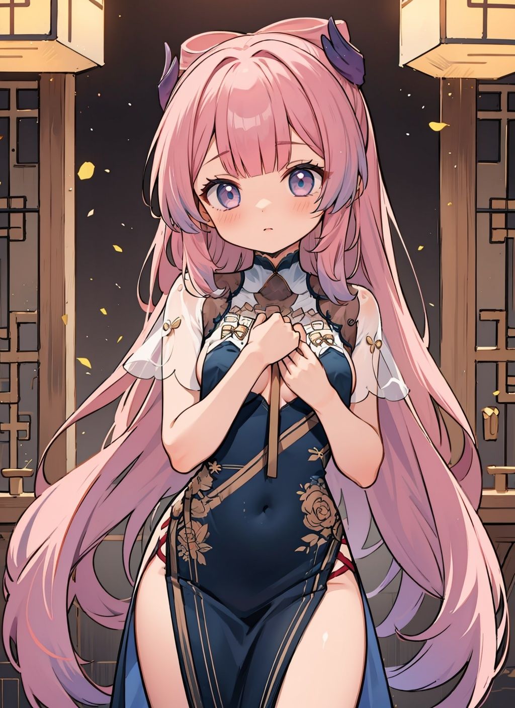 1girl,solo, small breasts, loli,breast curtains, china dress, see-through, cowboy shot, <lora:AzureHorizonBreastCurtainsChinaDressV2:1> ,<lora:char-kokomi:0.83> ,long hair, 