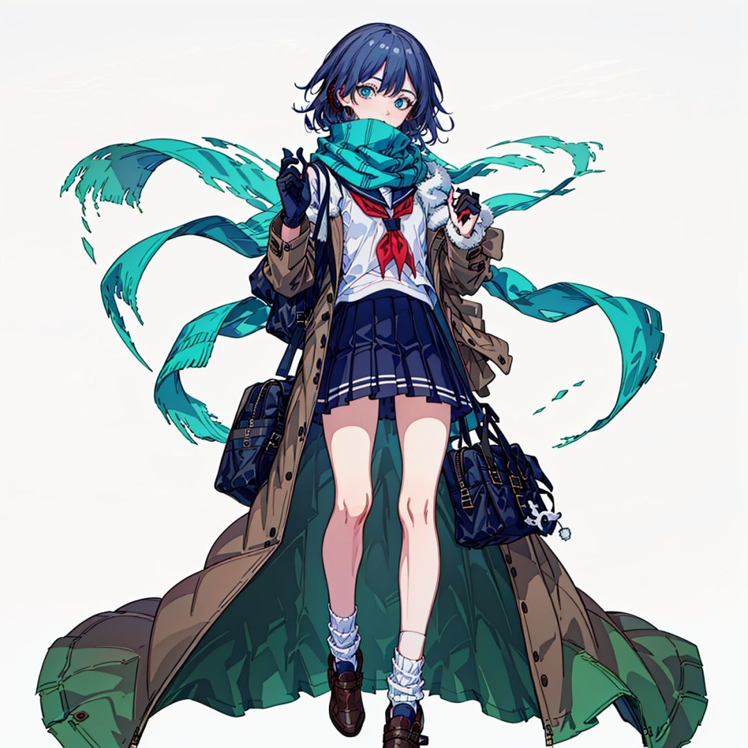 (masterpiece:1.3),(the best quality:1.2),(super fine illustrations:1.2),(Masterpiece),high quality,high detail,(white background:1.2),looking at viewer,(SOLO:1.4),outline,simplebackground,,fu hua, blue_eyes, hair_between_eyes, (white earmuffs)、pleated skirt,blue skirt, skirt,,school uniform, ((serafuku,)), brown footwear,shoes, (((loose socks,))) white scarf,scarf,scarf over mouth, neckerchief, plaid scarf,( jacket,brown coat, open coat),bag,school bag , bag charm, duffel bag,,shoulder bag, gloves, silk,very_long_hair