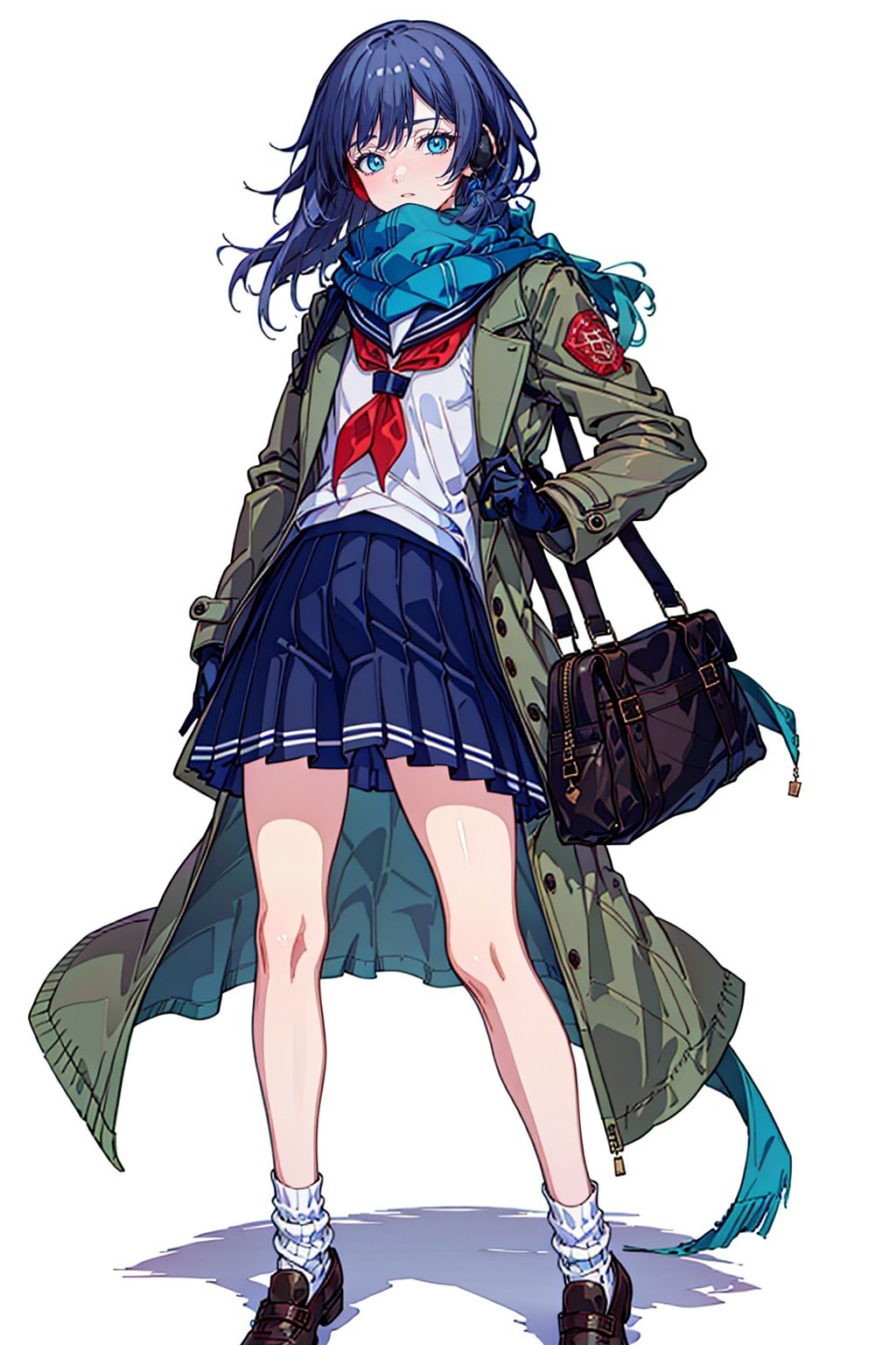  (masterpiece:1.3), (the best quality:1.2), (super fine illustrations:1.2), (Masterpiece), high quality, high detail,(white background:1.2), looking at viewer, (SOLO:1.4),outline,,simple background, fu hua, blue_eyes, hair_between_eyes, (white earmuffs)、pleated skirt,blue skirt, skirt,,school uniform, ((serafuku,)), brown footwear,shoes, (((loose socks,))) white scarf,scarf,scarf over mouth, neckerchief, plaid scarf,( jacket,brown coat, open coat),bag,school bag , bag charm, duffel bag,,shoulder bag, gloves, silk,very_long_hair 