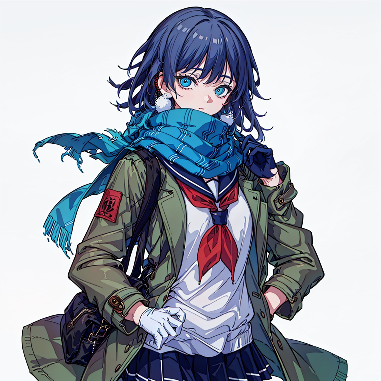  (masterpiece:1.3),(the best quality:1.2),(super fine illustrations:1.2),(Masterpiece),high quality,high detail,(white background:1.2),looking at viewer,(SOLO:1.4),outline,simplebackground,,fu hua, blue_eyes, hair_between_eyes, (white earmuffs)、pleated skirt,blue skirt, skirt,,school uniform, ((serafuku,)), brown footwear,shoes, (((loose socks,))) white scarf,scarf,scarf over mouth, neckerchief, plaid scarf,( jacket,brown coat, open coat),bag,school bag , bag charm, duffel bag,,shoulder bag, gloves, silk,very_long_hair