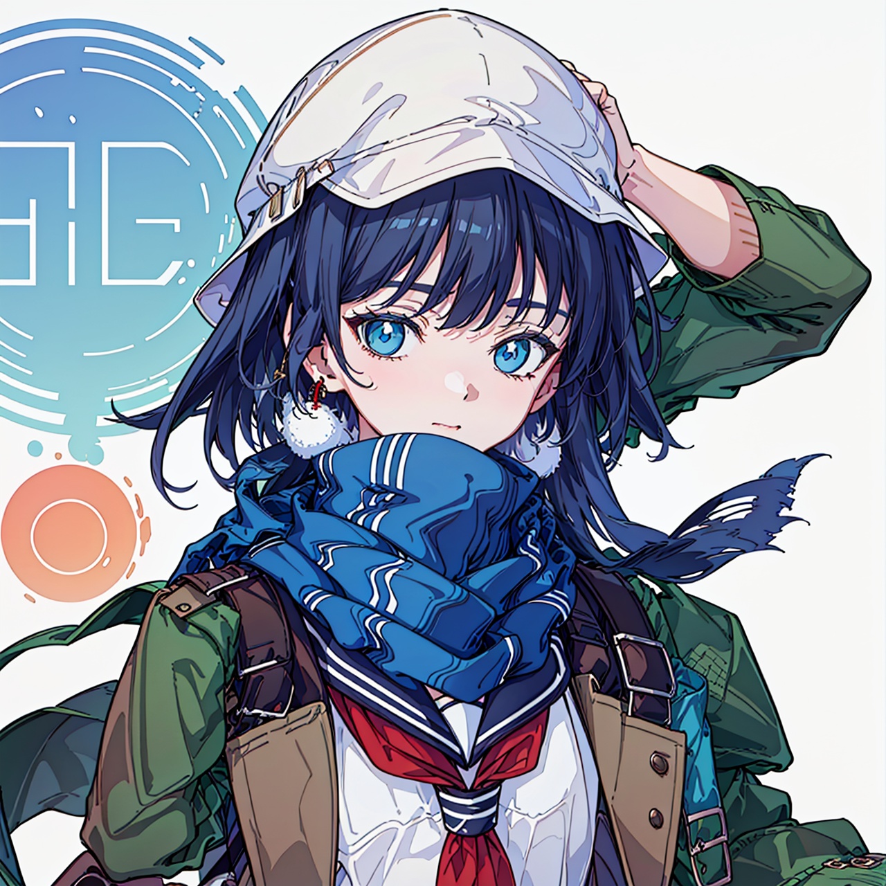  (masterpiece:1.3),(the best quality:1.2),(super fine illustrations:1.2),(Masterpiece),high quality,high detail,(white background:1.2),looking at viewer,(SOLO:1.4),outline,simplebackground,,fu hua, blue_eyes, hair_between_eyes, (white earmuffs)、pleated skirt,blue skirt, skirt,,school uniform, ((serafuku,)), brown footwear,shoes, (((loose socks,))) white scarf,scarf,scarf over mouth, neckerchief, plaid scarf,( jacket,brown coat, open coat),bag,school bag , bag charm, duffel bag,,shoulder bag, gloves, silk,very_long_hair