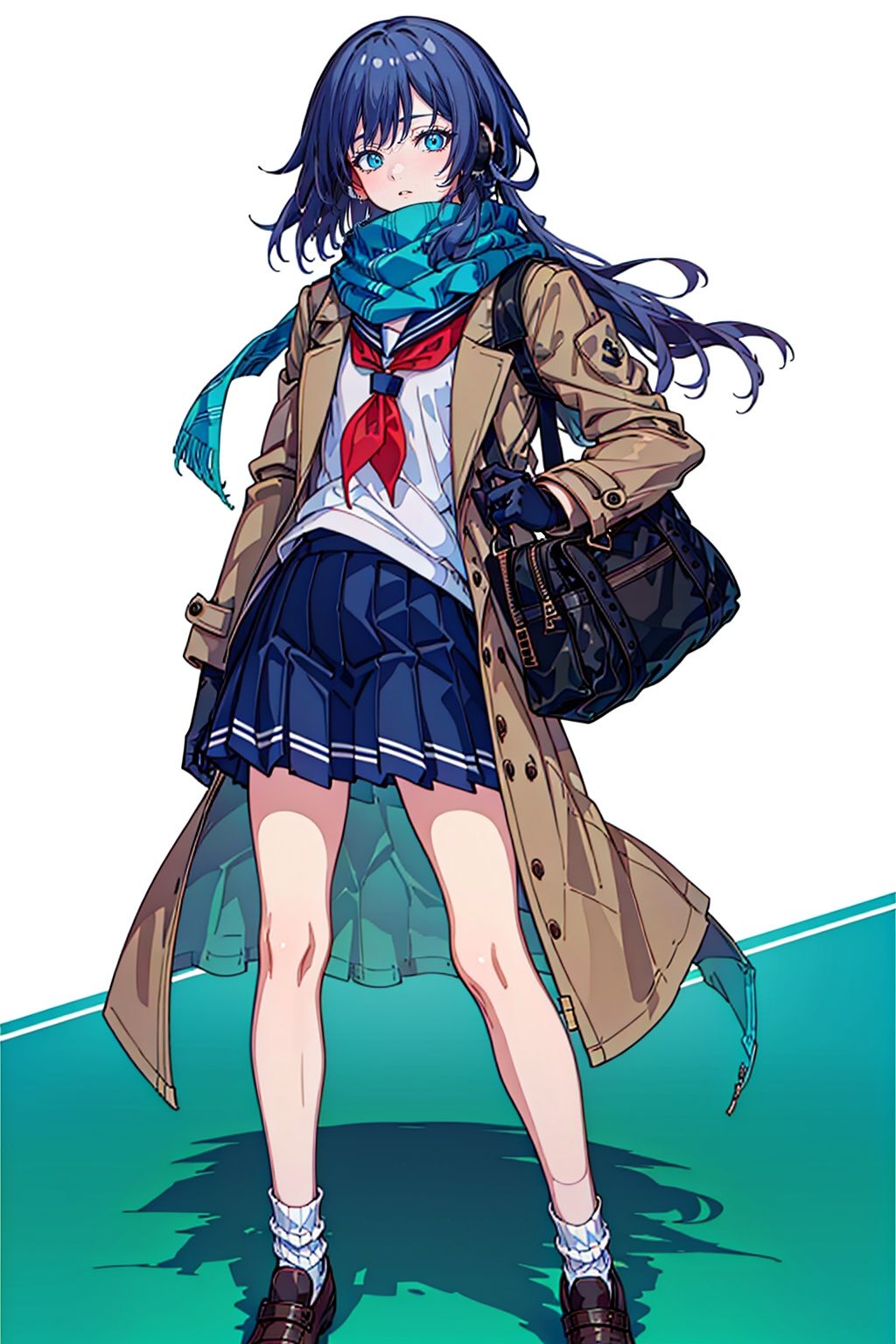  (masterpiece:1.3), (the best quality:1.2), (super fine illustrations:1.2), (Masterpiece), high quality, high detail,(white background:1.2), looking at viewer, (SOLO:1.4),outline,,simple background, fu hua, blue_eyes, hair_between_eyes, (white earmuffs)、pleated skirt,blue skirt, skirt,,school uniform, ((serafuku,)), brown footwear,shoes, (((loose socks,))) white scarf,scarf,scarf over mouth, neckerchief, plaid scarf,( jacket,brown coat, open coat),bag,school bag , bag charm, duffel bag,,shoulder bag, gloves, silk,very_long_hair 