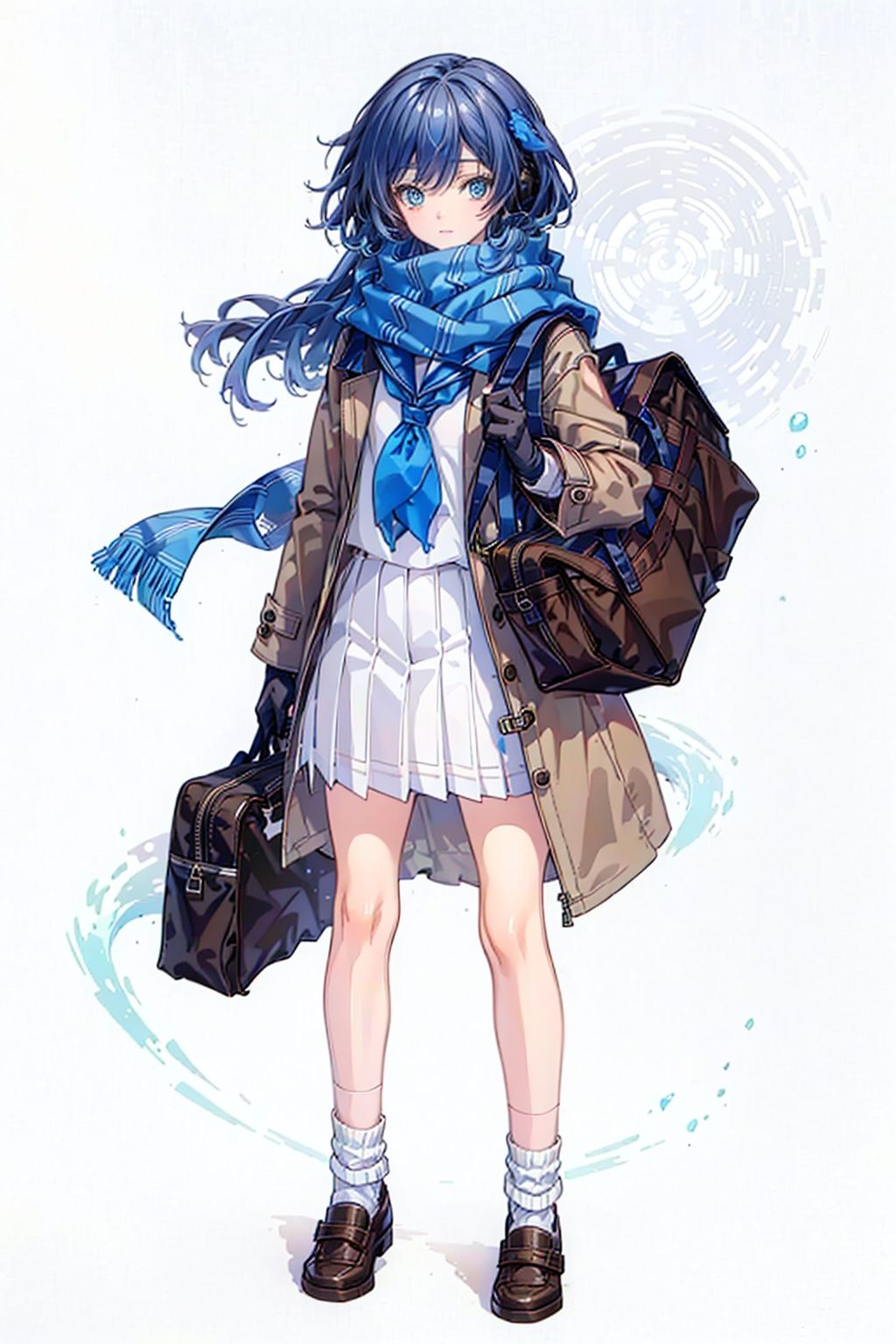 (masterpiece:1.3), (the best quality:1.2), (super fine illustrations:1.2), (Masterpiece), high quality, high detail,(white background:1.2), looking at viewer, (SOLO:1.4),outline,,simple background, fu hua, blue_eyes, hair_between_eyes, (white earmuffs)、pleated skirt,blue skirt, skirt,,school uniform, ((serafuku,)), brown footwear,shoes, (((loose socks,))) white scarf,scarf,scarf over mouth, neckerchief, plaid scarf,( jacket,brown coat, open coat),bag,school bag , bag charm, duffel bag,,shoulder bag, gloves, silk,very_long_hair