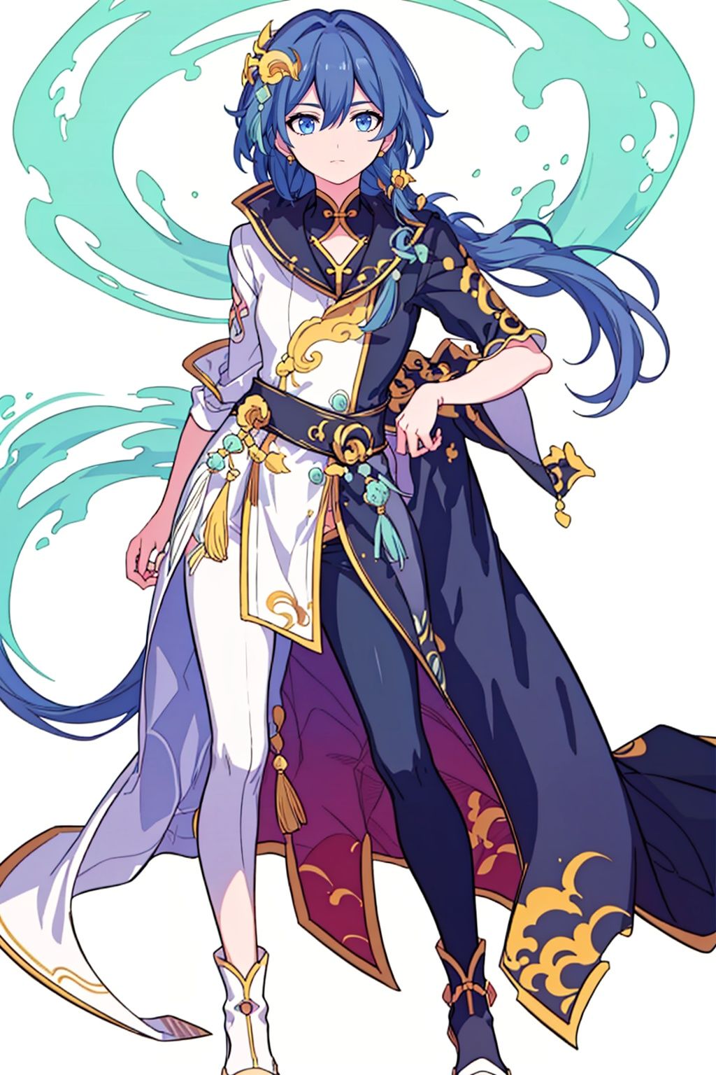 (masterpiece:1.3),(the best quality:1.2),(super fine illustrations:1.2),(Masterpiece),high quality,high detail,(white background:1.2),looking at viewer,(SOLO:1.4),outline,simplebackground,, long hair,two-sided skirt,jewelry,hair ornament,boots,very long hair,hair flaps,ear tag,blanket,skirt around one leg,fu hua,detached sleeves,chinese clothes,hair bell,crescent hair ornament,pants,hair between eyes,collar,

