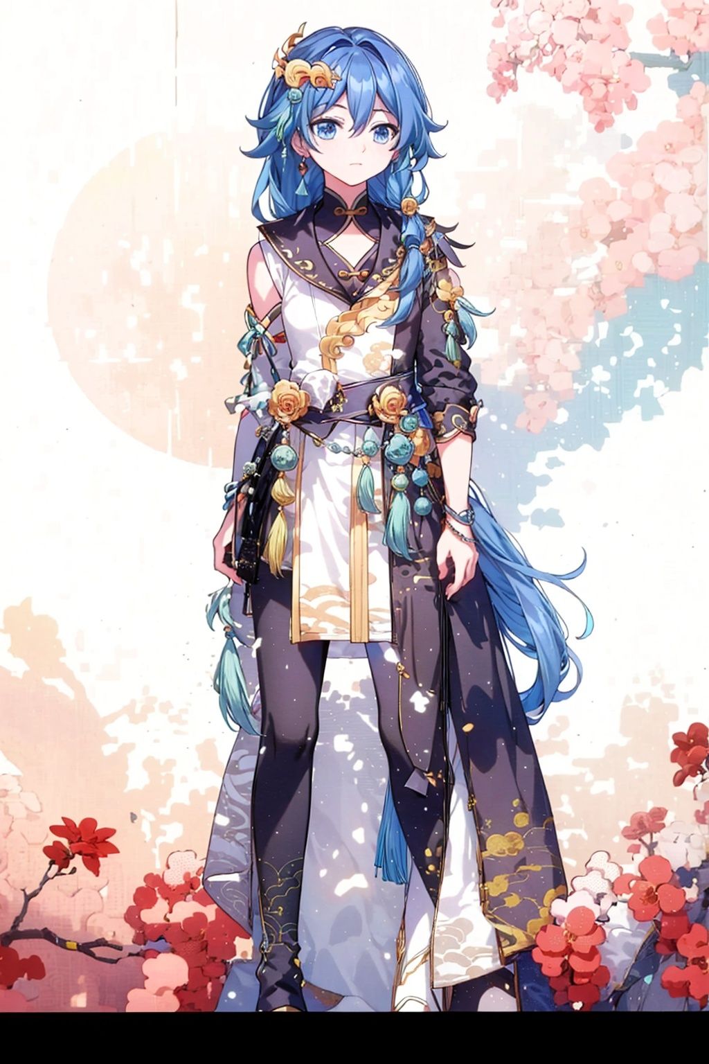 (masterpiece:1.3),(the best quality:1.2),(super fine illustrations:1.2),(Masterpiece),high quality,high detail,(white background:1.2),looking at viewer,(SOLO:1.4),outline,simplebackground,, long hair,two-sided skirt,jewelry,hair ornament,boots,very long hair,hair flaps,ear tag,blanket,skirt around one leg,fu hua,detached sleeves,chinese clothes,hair bell,crescent hair ornament,pants,hair between eyes,collar,