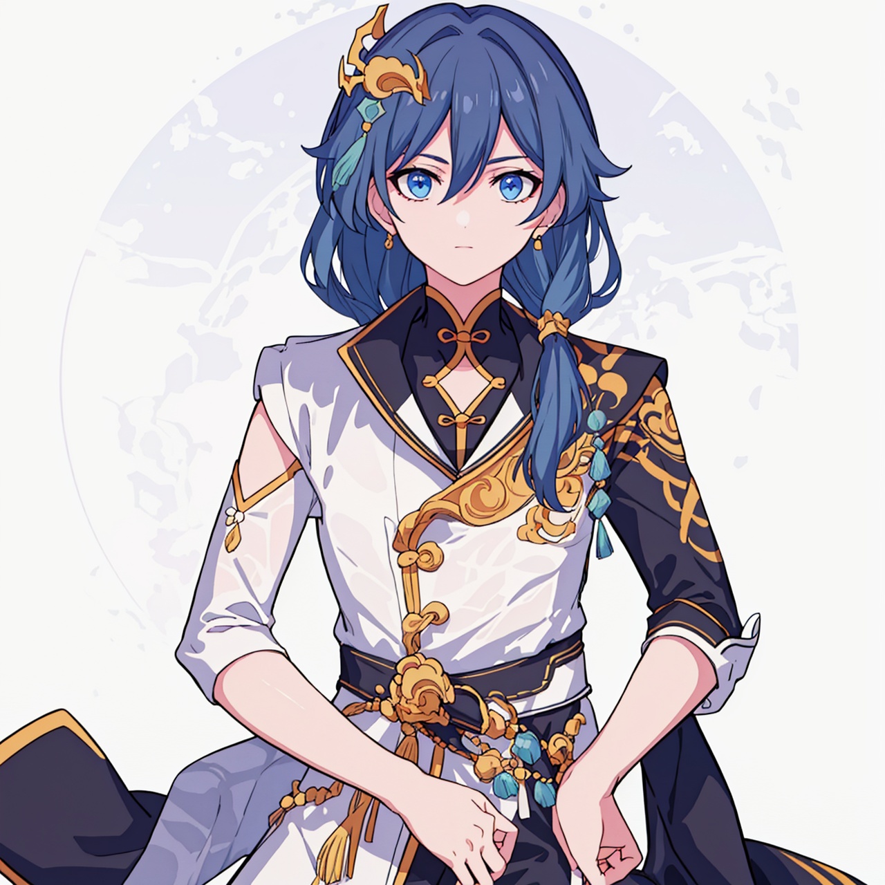  (masterpiece:1.3),(the best quality:1.2),(super fine illustrations:1.2),(Masterpiece),high quality,high detail,(white background:1.2),looking at viewer,(SOLO:1.4),outline,simplebackground,, long hair,two-sided skirt,jewelry,hair ornament,boots,very long hair,hair flaps,ear tag,blanket,skirt around one leg,fu hua,detached sleeves,chinese clothes,hair bell,crescent hair ornament,pants,hair between eyes,collar,