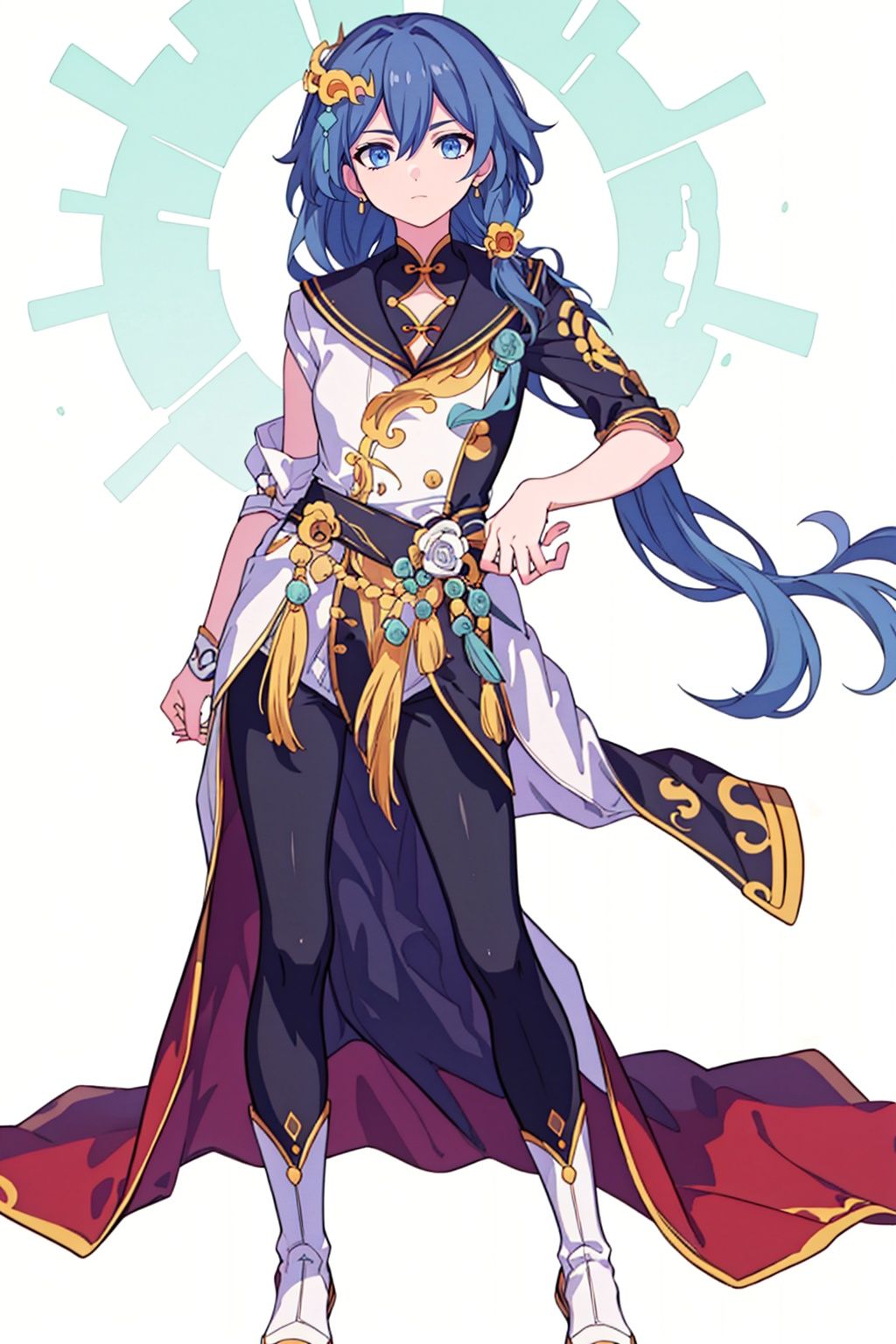 (masterpiece:1.3),(the best quality:1.2),(super fine illustrations:1.2),(Masterpiece),high quality,high detail,(white background:1.2),looking at viewer,(SOLO:1.4),outline,simplebackground,, long hair,two-sided skirt,jewelry,hair ornament,boots,very long hair,hair flaps,ear tag,blanket,skirt around one leg,fu hua,detached sleeves,chinese clothes,hair bell,crescent hair ornament,pants,hair between eyes,collar,
