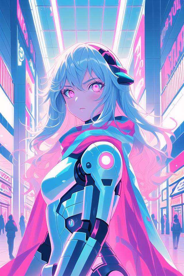 1girl, humanoid robot, long hair, pink cape, upper body, mall, futuristic, pastel colors, looking at viewer, neon trim, fighting stance, <lora:pastelcolorV1:0.65>,