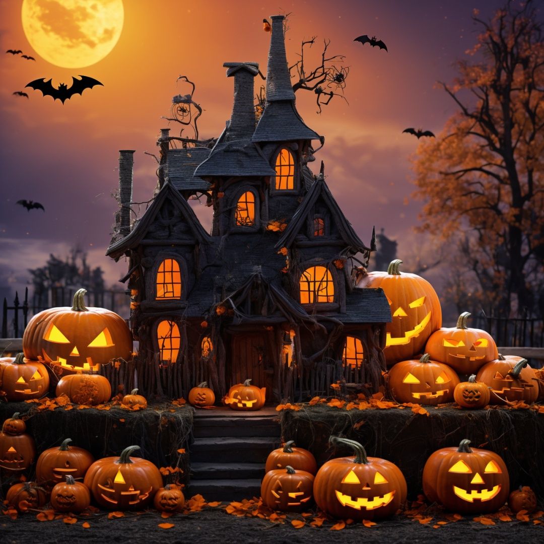  Best quality, 8k, cg,house,Halloween,bat,cabin