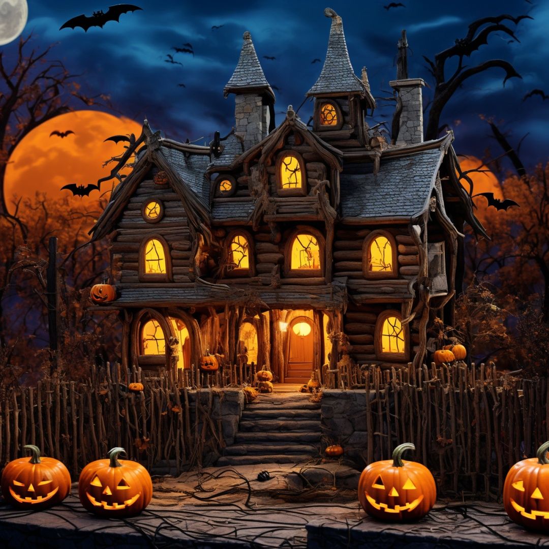  Best quality, 8k, cg,house,Halloween,bat,cabin